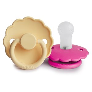 FRIGG Daisy - Round Silicone 2-Pack Pacifiers - Pale Daffodil/Fuchsia - Size 1